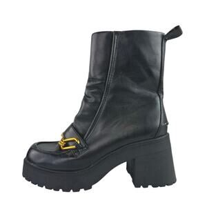 Asos Rani Women's Black Leather Zip Chain Chunky Platform Block Heels Boots Sz 8